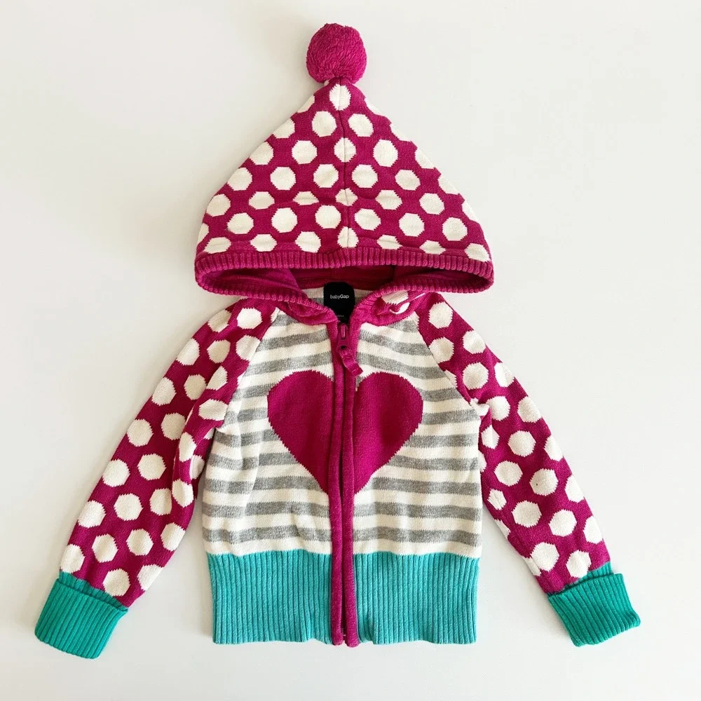 Baby Gap Girls Heart Polka Dot Striped Whimsical Zip Hoodie Sweater Size 18-24M‎